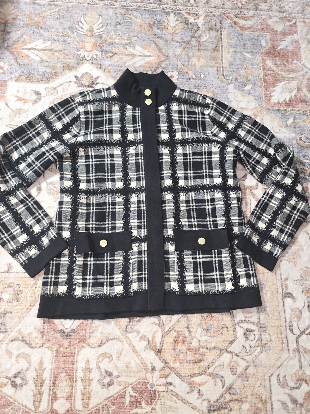 Anne Klein Black and White Plaid Knit Jacket with Gold Buttons